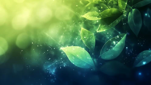 Bioluminescent green leaves in ethereal bokeh nebula field