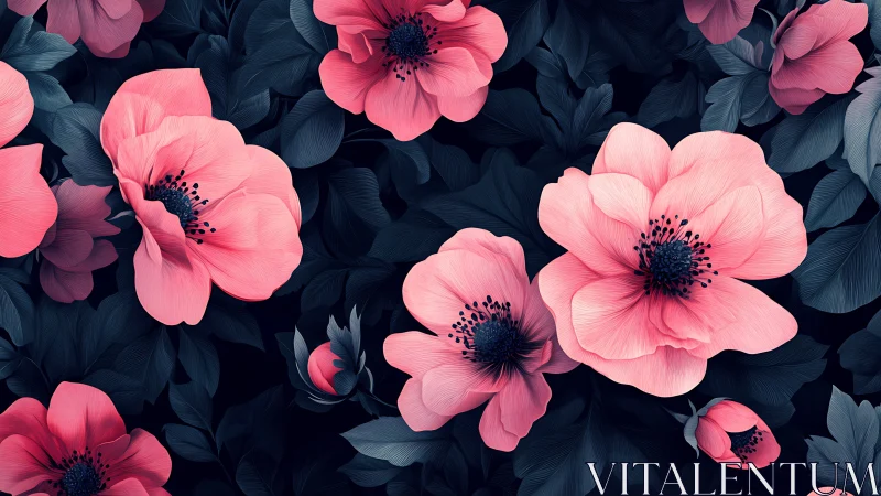 Digital botanical rendering: Hybrid anemone flowers with salmon-coral petals on dark tonal foliage.