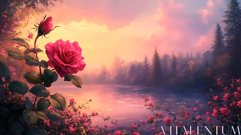 Blossoming pink rose rests gently beside a glowing riverside