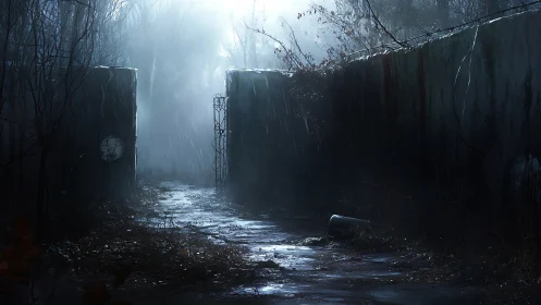 Rain-soaked abandoned gate corridor rendered in cinematic chiaroscuro