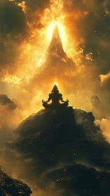Meditative silhouette aligns with ascending volcanic light cone