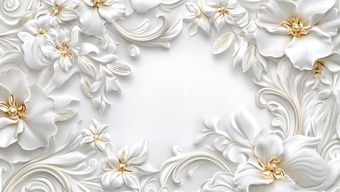 Three-Dimensional Relief Sculpture: White Petaled Botanical Forms with Gilt Accents