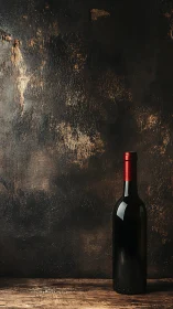 Dark wine bottle on rustic wooden table against wall.