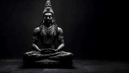 Shiva statue meditates in deep shadow and focused light.
