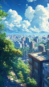 Anime urban hillside cityscape with cumulus sky depth.