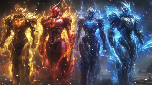 Four elemental armored mechs stand in symmetrical fiery formation