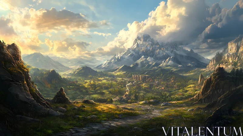 Sunlit fantasy valley unfolds beneath towering peaks.