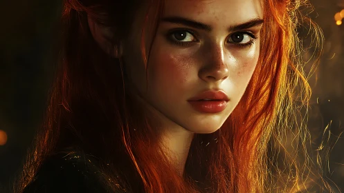 Fiery haired elf girl holds steady gaze in warm light
