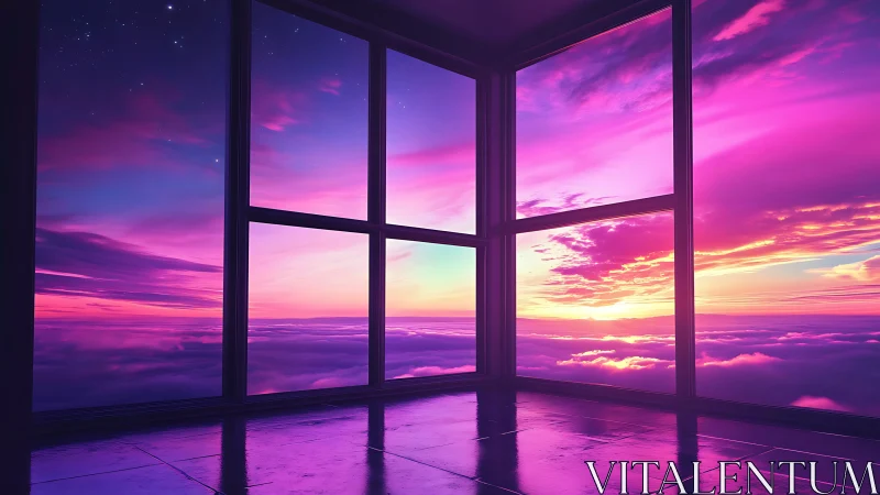 Large corner windows overlook cloudscape at colorful sunset
