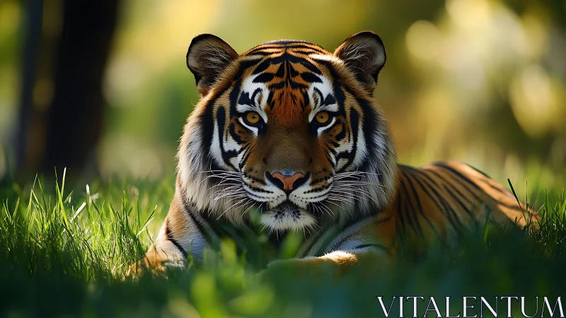 Photorealistic tiger in shallow-depth grassland focus field.