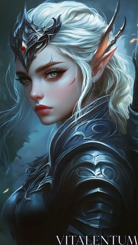 Elven warrior queen in obsidian armor, cold forest light.