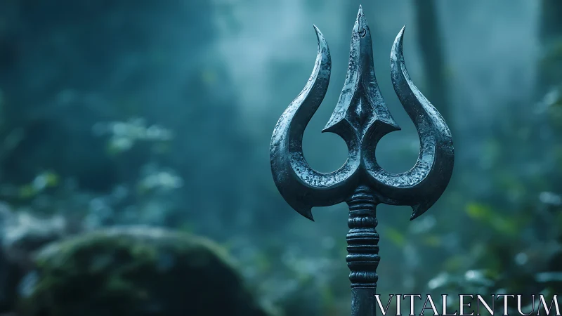 Weathered ritual trident rendered in misted forest depth.