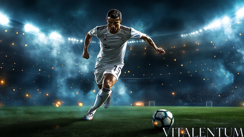 Stadium floodlights carve a sprinting striker from the night