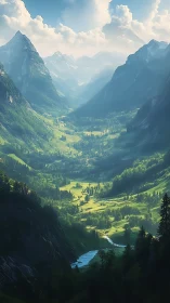 Sunlit valley river threading between storybook granite peaks.