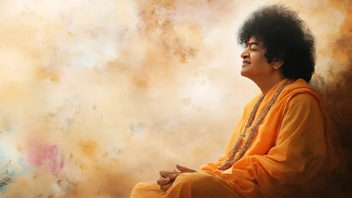 Spiritual guru in orange robes against radiant cloud backdrop.
