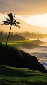 Golden coastal golf cliffs glow under misty tropical sunset