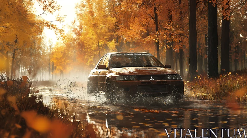 Mitsubishi rally sedan splashing through reflective autumn forest