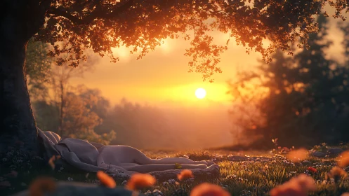 Sunlit forest clearing with tranquil blankets beneath tree.