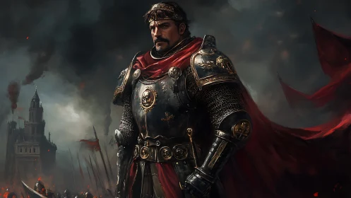 Armored medieval commander before fortress under dark sky.