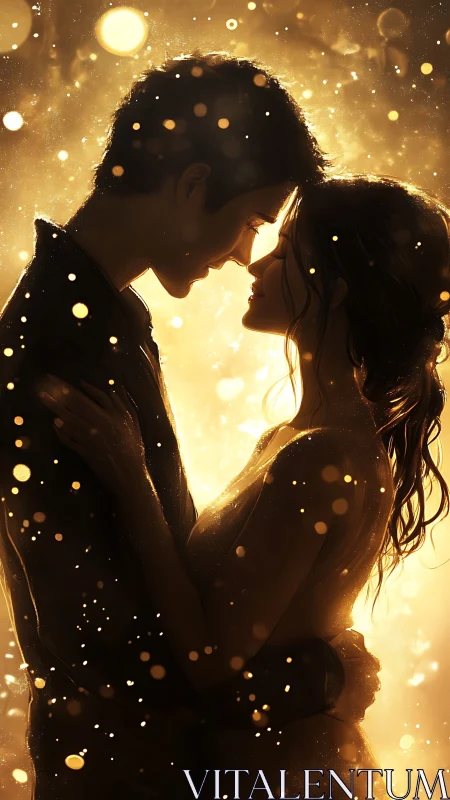 Silhouetted figures share intimate moment illuminated by golden bokeh particles