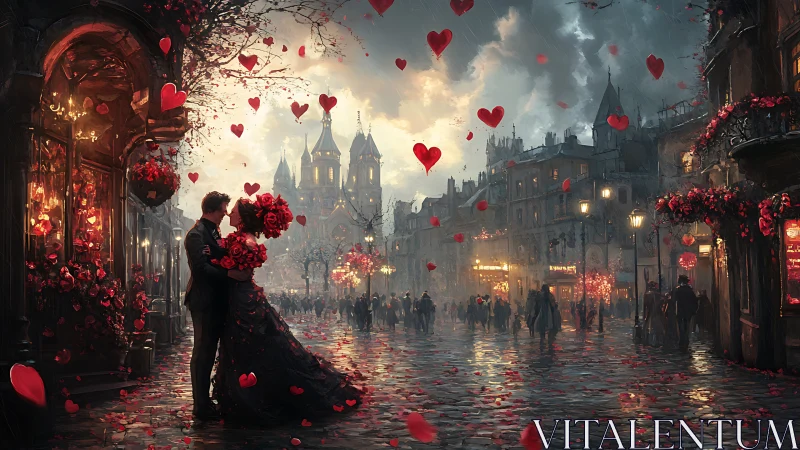 A Romantic Castle Romance Beneath Floating Hearts.