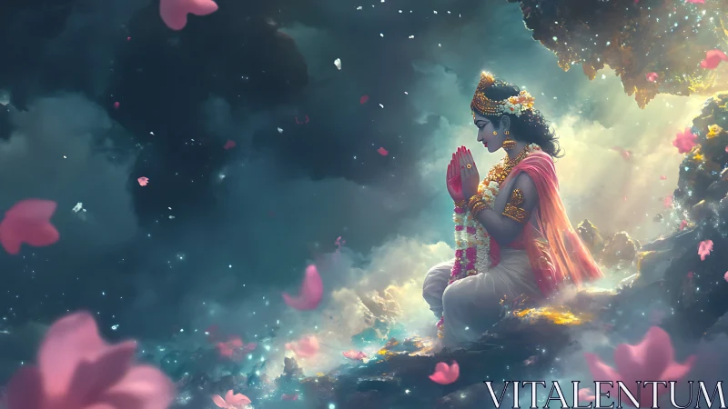 Divine feminine deity in celestial lotus cloudscape meditation