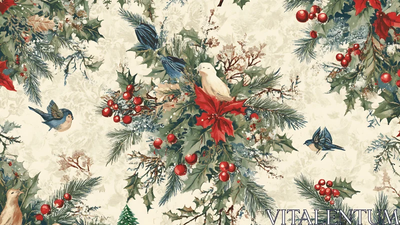 Watercolor holly sprigs with songbirds in repeating layout.