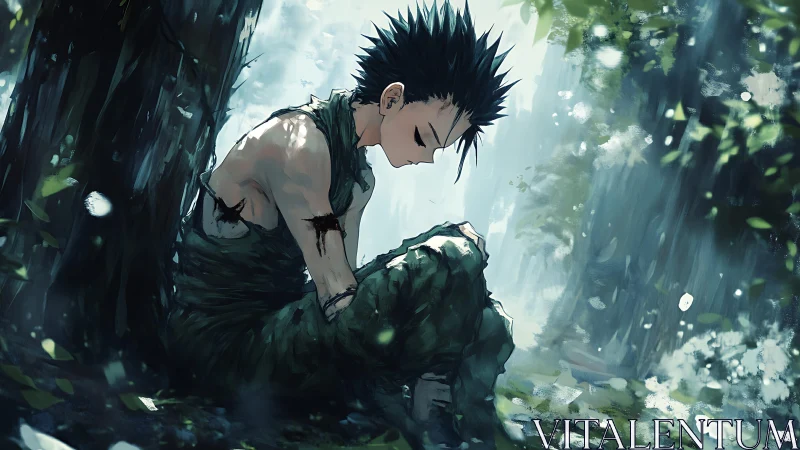 Quiet forest pause shows a tired warrior resting in thought