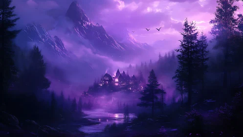 Enchanted violet valley village beneath misty mountains.