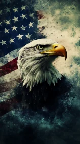 High-contrast bald eagle portrait over distressed US flag