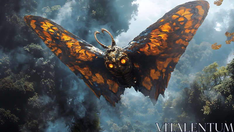 Titan moth glides through stormlit jungle air like living ember