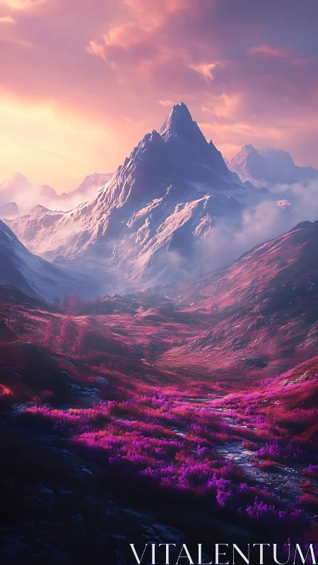 Mountain valley with pink vegetation under diffuse sunset sky.