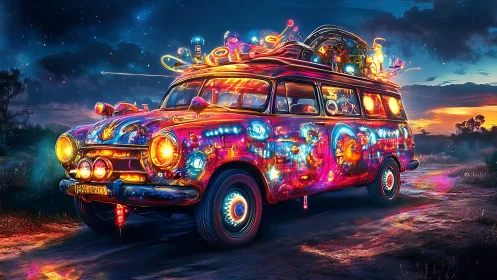 Psychedelic neon road trip van under glowing night sky.