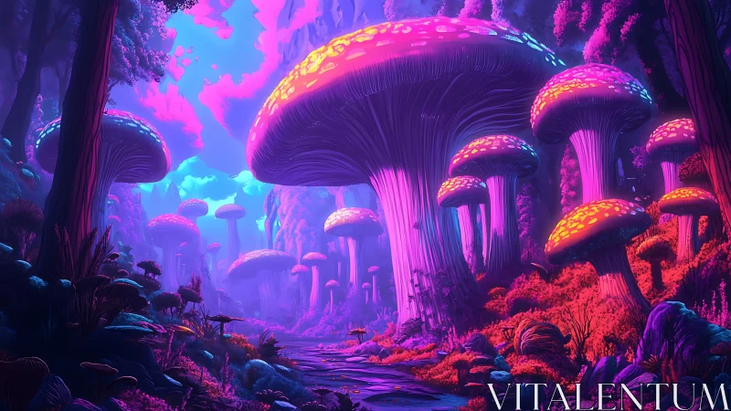 Neon bioluminescent mushroom forest with luminous river valley