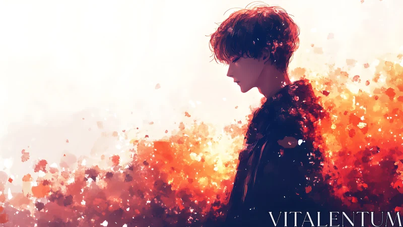 Side profile of youth amid red and orange abstract cloud.