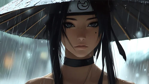 Female anime warrior under straw hat in heavy rainfall.