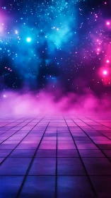 Chromatic nebula horizon above retrofuturist tiled plane.