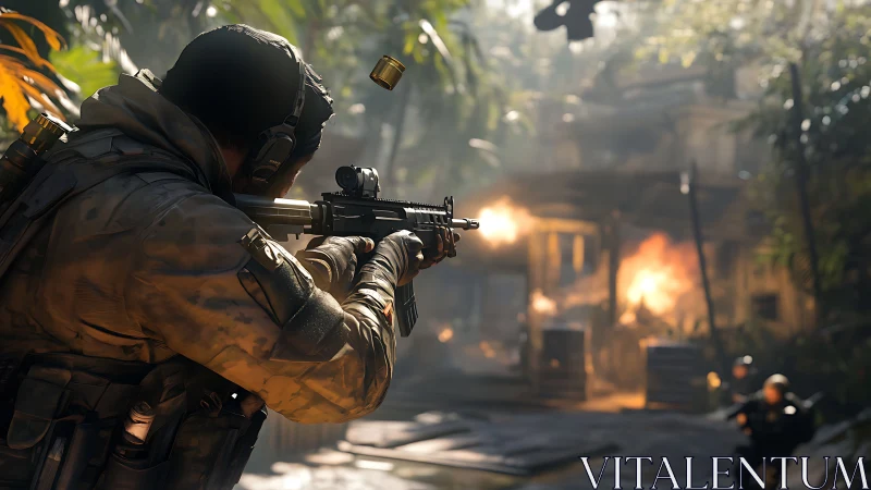 Tactical shooter engaging target in dense jungle compound.