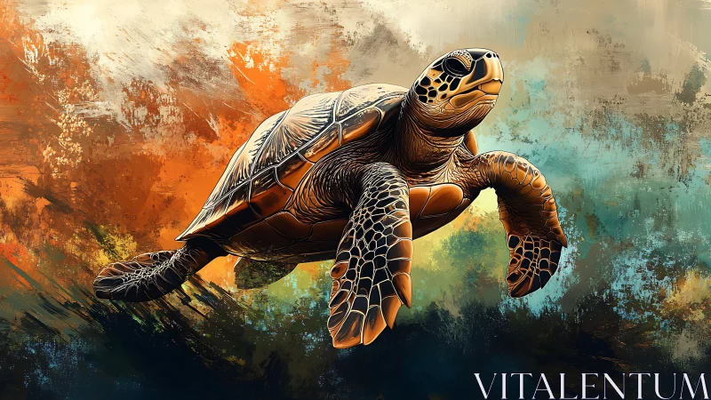 Sea turtle glides through abstract oceanic color fields.