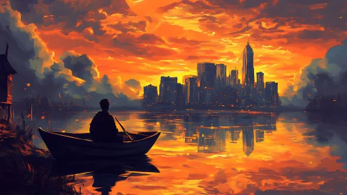 Solitary boat faces illuminated city skyline at sunset