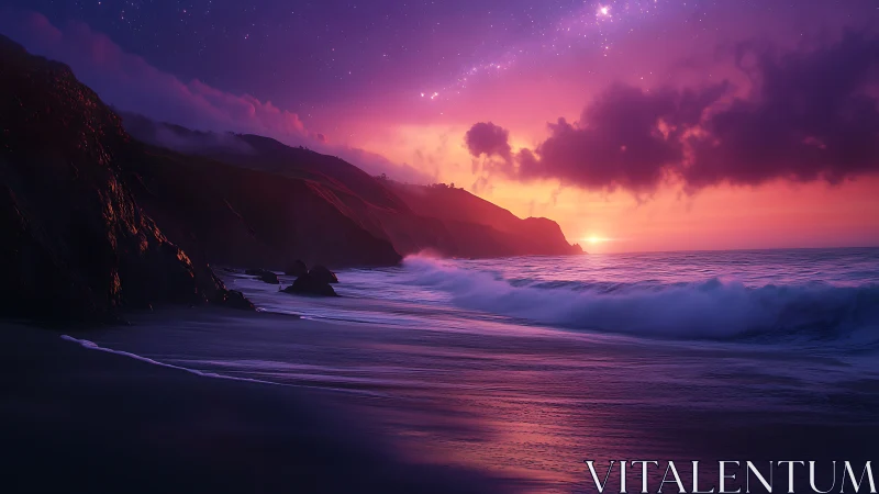 Galactic dusk surf rolls against violet cliffside shores.