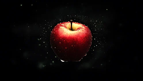 Glowing red apple suspended in a quiet splash of light.