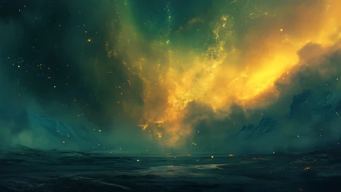 Aurora Over Alpine Landscape: Luminescent Nebula Against Mountain Peaks