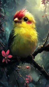 Chromatic juvenile songbird in luminous digital forest microclimate.