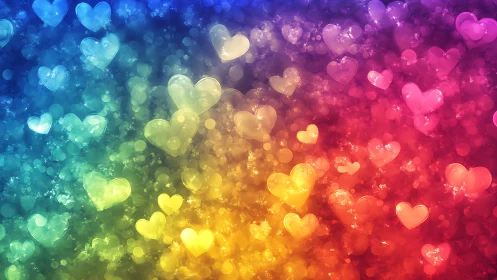Radiant rainbow bokeh hearts across luminous spectrum.
