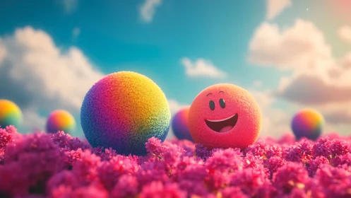 Smiling rainbow spheres playing in a dreamy flower meadow.