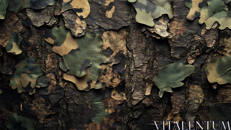 Camouflage-patterned oak leaves merge seamlessly with rugged bark