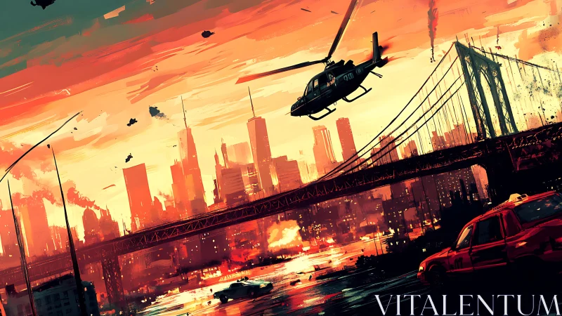 Urban skyline under burning sunset with patrolling copter.