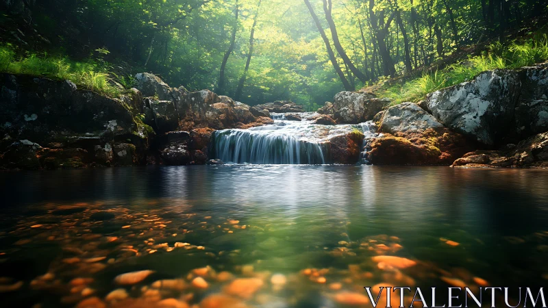 Forest hush and amber stones beneath a whispering waterfall.