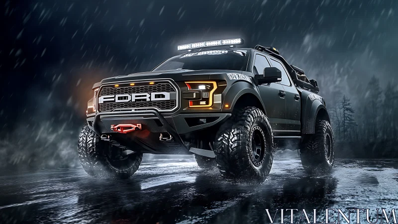 Storm-chasing off-road titan roars through rain-soaked night.